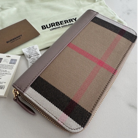 Burberry Check Large Zip Around Grey Mink Wallet NWT $630 MSRP - Picture 1 of 6